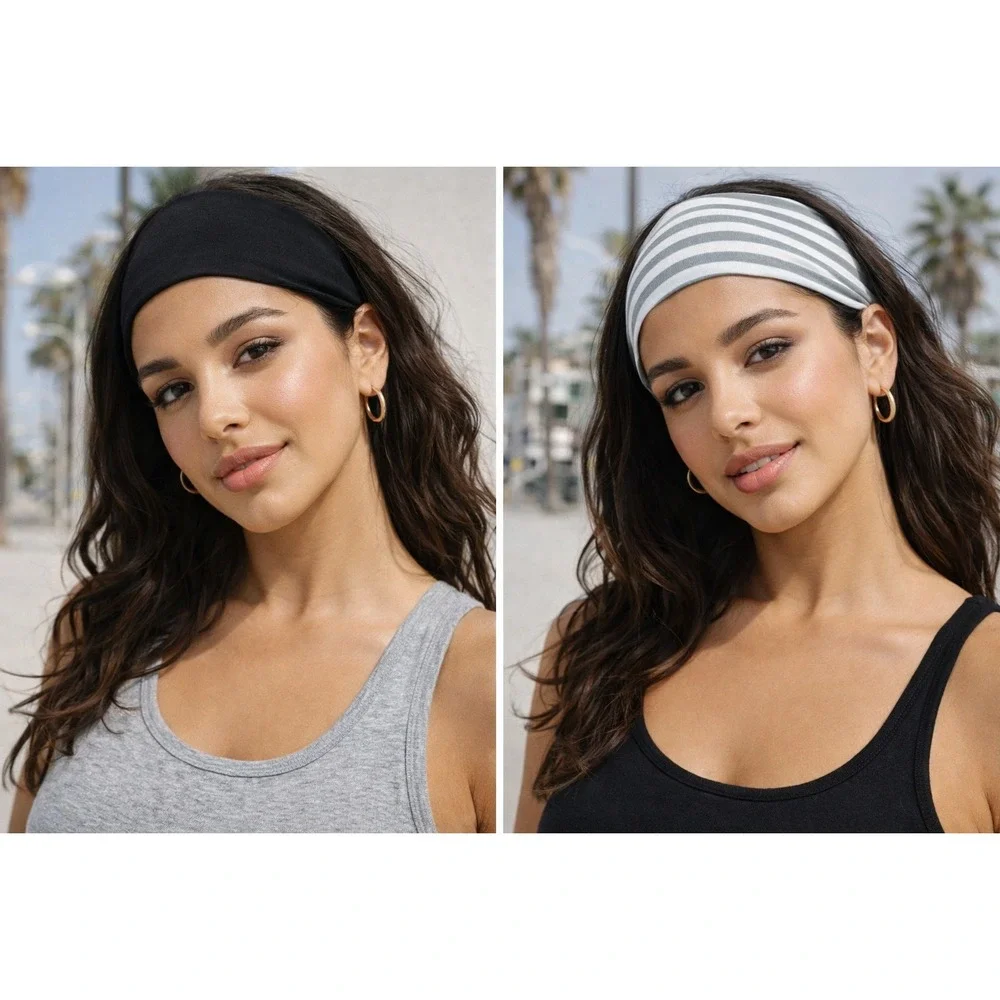 No-Slip‎ Comfort Stretch Headband Bundle Black Gray/White Stripe 2-Pack SAE99